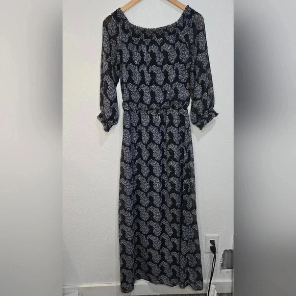 Taylor 6 Floral Chiffon Off Shoulder 3/4 Sleeve Long Maxi Dress Blue Gold Small - Picture 8 of 10